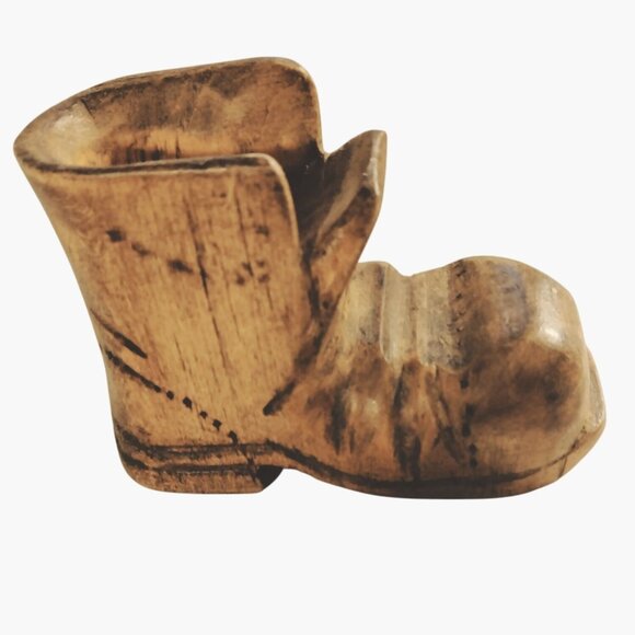 Vintage Hand Carved Wooden Boot Shoe Figurine Miniature Rustic Lodge Cabin Decor - Picture 1 of 9